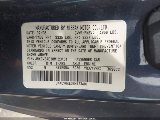 2008 Infiniti G37 Journey მანქანა იყიდება აუქციონზე, vin: JNKCV64E38M123401, აუქციონის ნომერი: 45992254