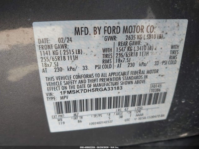 Aukcja sprzedaży 2024 Ford Explorer Xlt, vin: 1FMSK7DH5RGA33183, numer aukcji: 45992259