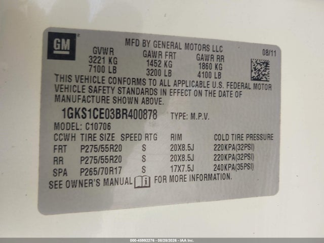 Продажа на аукционе авто 2011 Gmc Yukon Slt, vin: 1GKS1CE03BR400878, номер лота: 45992276