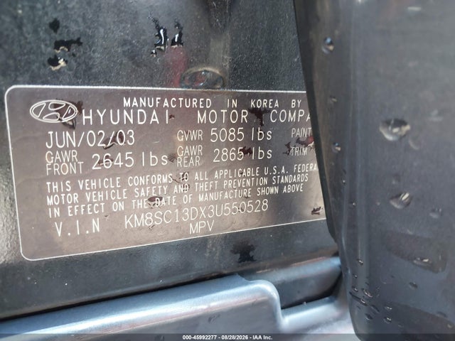Aukcja sprzedaży 2003 Hyundai Santa Fe Gls/lx, vin: KM8SC13DX3U550528, numer aukcji: 45992277