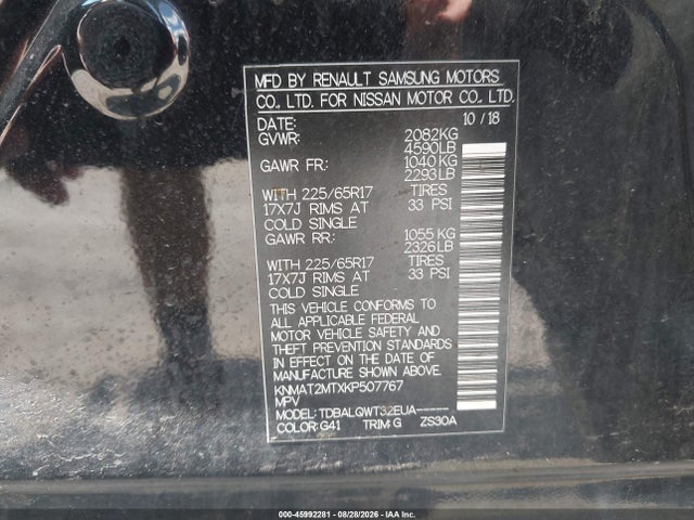 Aukcja sprzedaży 2019 Nissan Rogue Sv, vin: KNMAT2MTXKP507767, numer aukcji: 45992281