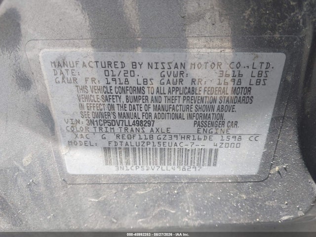 45992283 :رقم المزاد ، 3N1CP5DV7LL498297 vin ، 2020 Nissan Kicks Sr Xtronic Cvt مزاد بيع