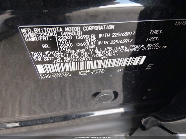 45992290 :رقم المزاد ، JTMRJREV0GD009183 vin ، 2016 Toyota Rav4 Hybrid Xle مزاد بيع