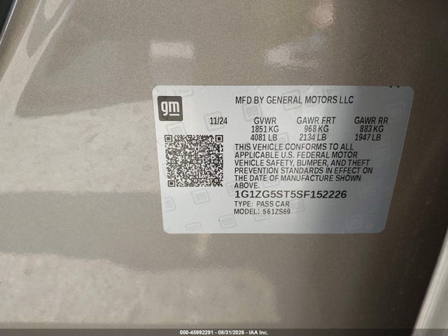 Продаж на аукціоні авто 2025 Chevrolet Malibu Fwd Rs, vin: 1G1ZG5ST5SF152226, номер лоту: 45992291