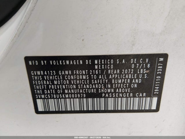 45992307 :رقم المزاد ، 3VWC57BU5KM080979 vin ، 2019 Volkswagen Jetta 1.4t R-line/1.4t S/1.4t Se مزاد بيع
