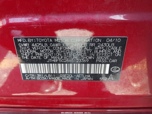 Aukcja sprzedaży 2010 Lexus Is 250, vin: JTHBF5C28A5123369, numer aukcji: 45992325