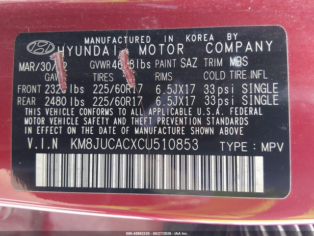 45992330 :رقم المزاد ، KM8JUCACXCU510853 vin ، 2012 Hyundai Tucson Gls مزاد بيع