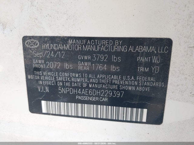 45992333 :رقم المزاد ، 5NPDH4AE6DH229397 vin ، 2013 Hyundai Elantra Gls مزاد بيع