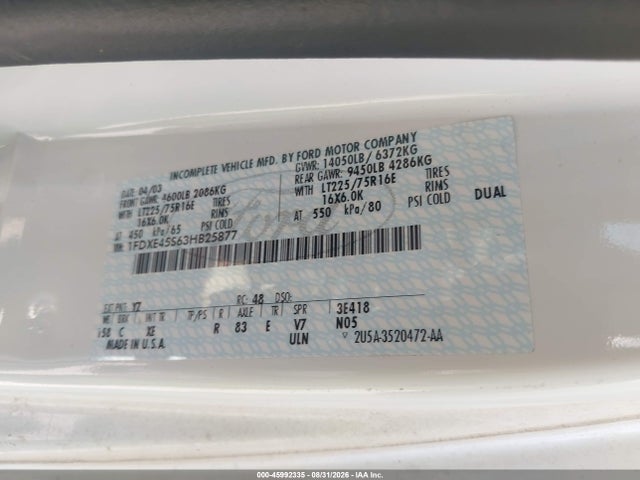2003 Ford E-450 Cutaway Standard მანქანა იყიდება აუქციონზე, vin: 1FDXE45S63HB25877, აუქციონის ნომერი: 45992335