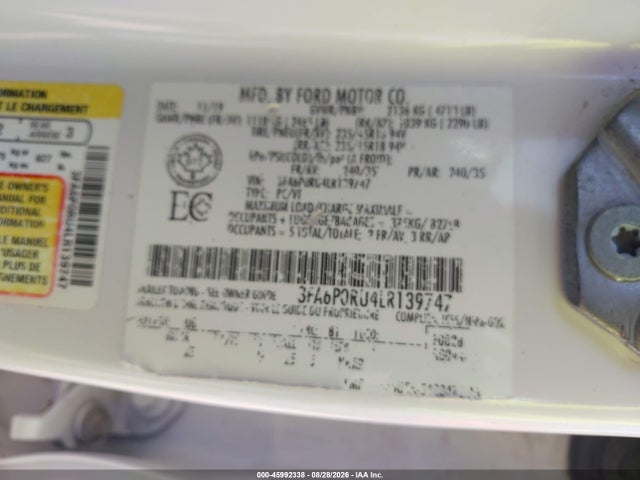45992338 :رقم المزاد ، 3FA6P0RU4LR139747 vin ، 2020 Ford Fusion Hybrid Titanium مزاد بيع
