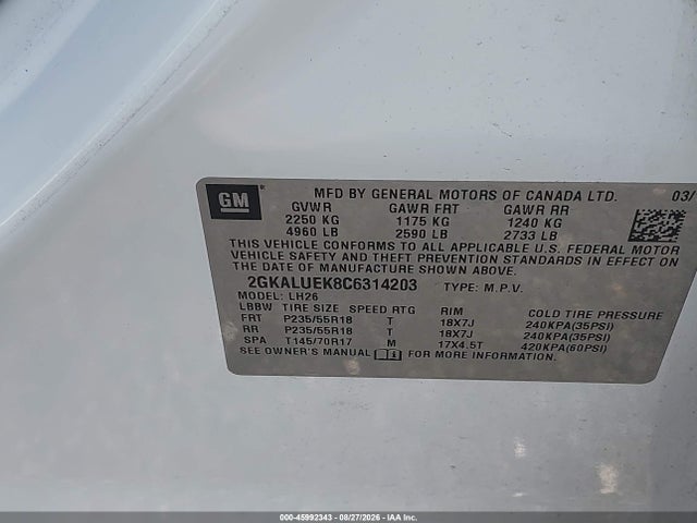 Aukcja sprzedaży 2012 Gmc Terrain Slt-1, vin: 2GKALUEK8C6314203, numer aukcji: 45992343