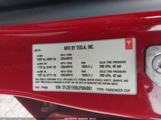 5YJ3E1EB8JF084991 Tesla Model 3 Long Range/performance