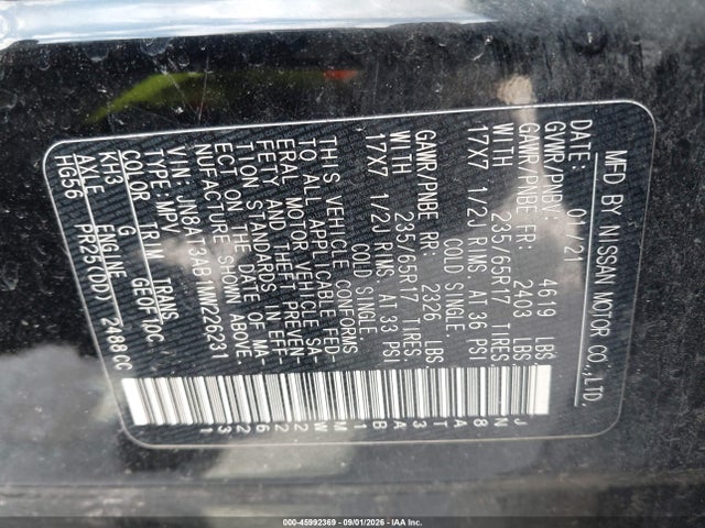 Aukcja sprzedaży 2021 Nissan Rogue S Intelligent Awd, vin: JN8AT3AB1MW226231, numer aukcji: 45992369