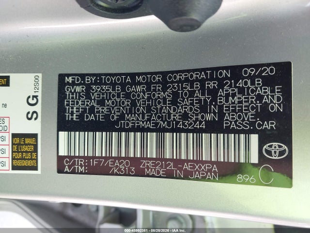 Aukcja sprzedaży 2021 Toyota Corolla Xle, vin: JTDFPMAE7MJ143244, numer aukcji: 45992381