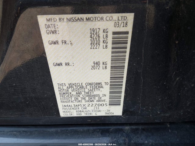 Продаж на аукціоні авто 2018 Nissan Altima 2.5 S, vin: 1N4AL3AP5JC227005, номер лоту: 45992399