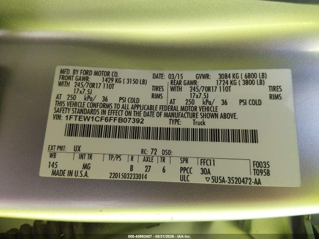45992407 :رقم المزاد ، 1FTEW1CF6FFB07392 vin ، 2015 Ford F-150 Xlt مزاد بيع