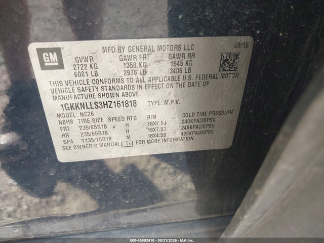 45992410 :رقم المزاد ، 1GKKNLLS3HZ161818 vin ، 2017 Gmc Acadia Sle-2 مزاد بيع