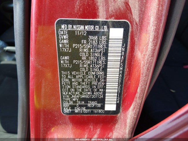 45992413 :رقم المزاد ، JN8AF5MR8DT207124 vin ، 2013 Nissan Juke S مزاد بيع