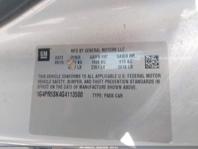 2016 Buick Verano Convenience Group მანქანა იყიდება აუქციონზე, vin: 1G4PR5SK4G4113500, აუქციონის ნომერი: 45992415