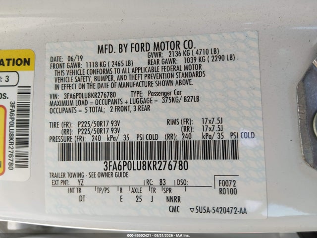 Ford Fusion Hybrid Se 2019 3FA6P0LU8KR276780 Image 9