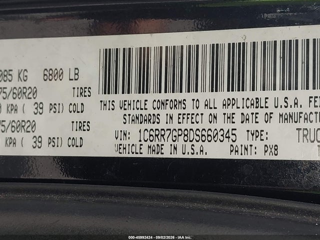45992424 :رقم المزاد ، 1C6RR7GP8DS660345 vin ، 2013 Ram 1500 Slt مزاد بيع