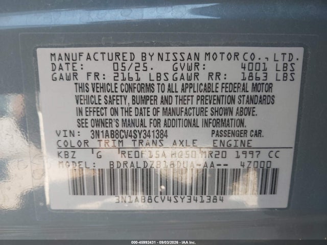 Продажа на аукционе авто 2025 Nissan Sentra Sv, vin: 3N1AB8CV4SY341384, номер лота: 45992431