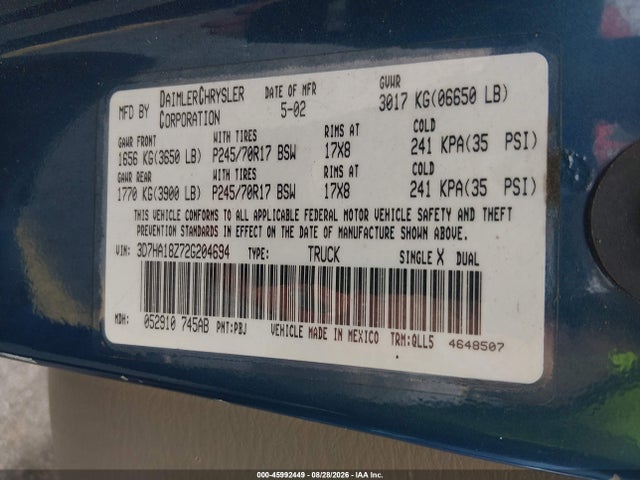 Aukcja sprzedaży 2002 Dodge Ram 1500 St, vin: 3D7HA18Z72G204694, numer aukcji: 45992449