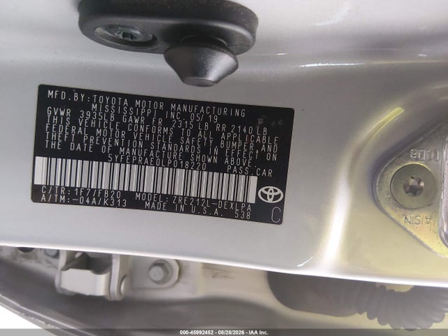 Aukcja sprzedaży 2020 Toyota Corolla Le, vin: 5YFEPRAE0LP018220, numer aukcji: 45992452
