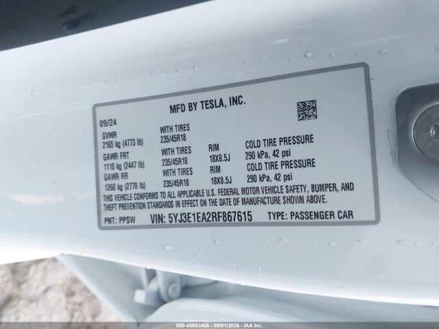 Aukcja sprzedaży 2024 Tesla Model 3 Long Range Dual Motor All-wheel Drive/rear-wheel Drive, vin: 5YJ3E1EA2RF867615, numer aukcji: 45992456