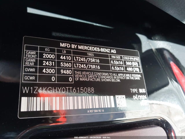 45992477 :رقم المزاد ، W1Z4KGHY0TT615088 vin ، 2026 Mercedes-benz Sprinter 2500 High Roof 4-cyl Diesel مزاد بيع