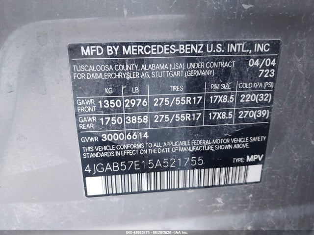 45992478 :رقم المزاد ، 4JGAB57E15A521755 vin ، 2005 Mercedes-benz Ml 350 4matic مزاد بيع