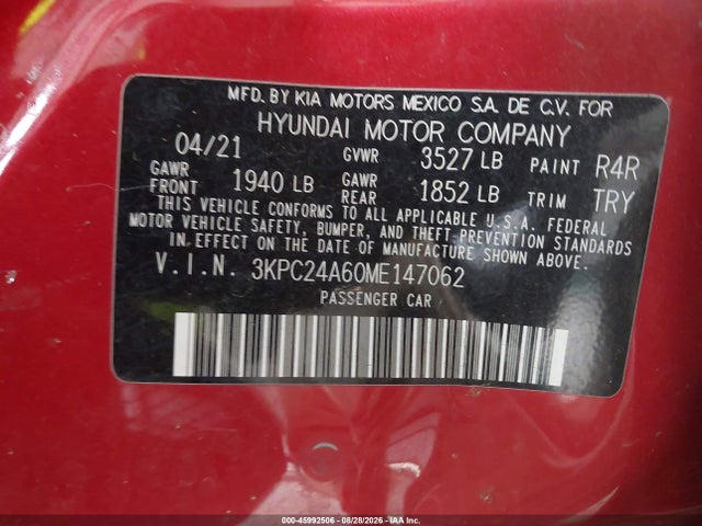 Продажа на аукционе авто 2021 Hyundai Accent Se, vin: 3KPC24A60ME147062, номер лота: 45992506
