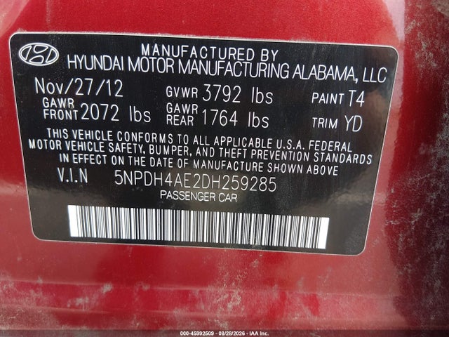 Продаж на аукціоні авто 2013 Hyundai Elantra Gls, vin: 5NPDH4AE2DH259285, номер лоту: 45992509