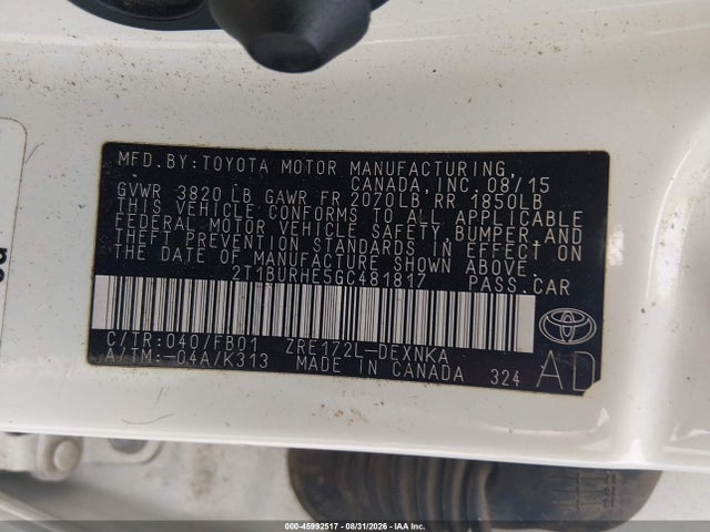 2016 Toyota Corolla Le მანქანა იყიდება აუქციონზე, vin: 2T1BURHE5GC481817, აუქციონის ნომერი: 45992517