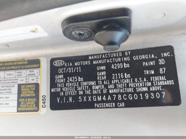 Aukcja sprzedaży 2012 Kia Optima Lx, vin: 5XXGM4A78CG019307, numer aukcji: 45992519