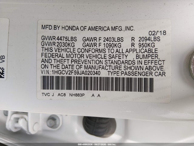 1HGCV2F59JA020340 Honda Accord Ex-l 2.0t