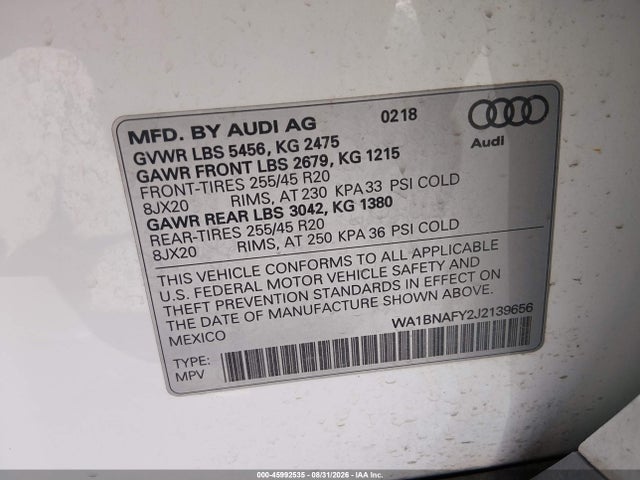 Aukcja sprzedaży 2018 Audi Q5 2.0t Premium/2.0t Tech Premium, vin: WA1BNAFY2J2139656, numer aukcji: 45992535