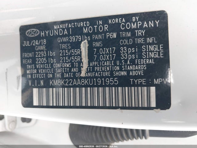 45992539 :رقم المزاد ، KM8K22AA8KU191955 vin ، 2019 Hyundai Kona Sel مزاد بيع