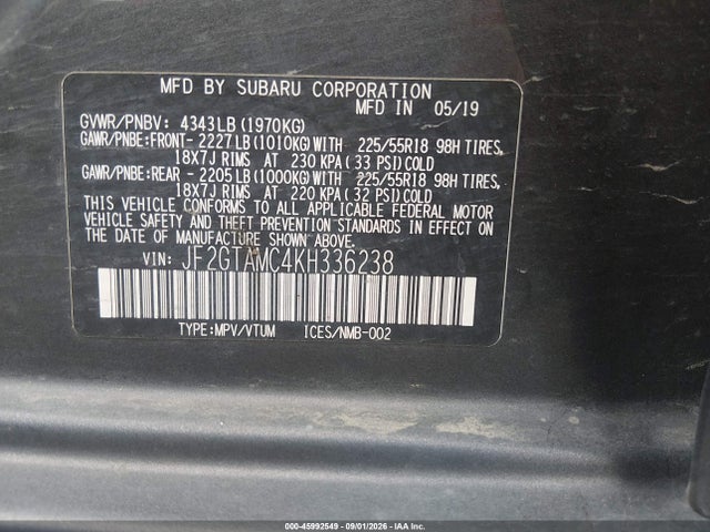 Aukcja sprzedaży 2019 Subaru Crosstrek 2.0i Limited, vin: JF2GTAMC4KH336238, numer aukcji: 45992549