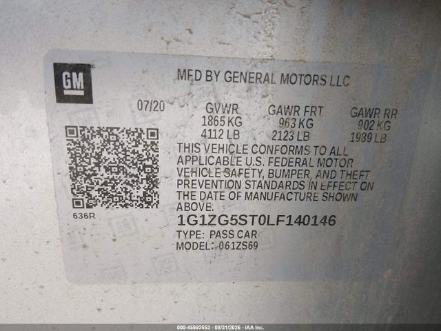 45992553 :رقم المزاد ، 1G1ZG5ST0LF140146 vin ، 2020 Chevrolet Malibu Fwd Rs مزاد بيع