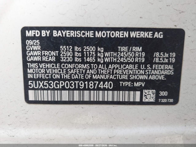 Aukcja sprzedaży 2026 Bmw X3 30 Xdrive, vin: 5UX53GP03T9187440, numer aukcji: 45992559