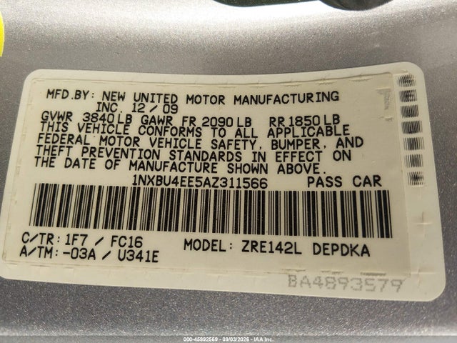 2010 Toyota Corolla Le მანქანა იყიდება აუქციონზე, vin: 1NXBU4EE5AZ311566, აუქციონის ნომერი: 45992569