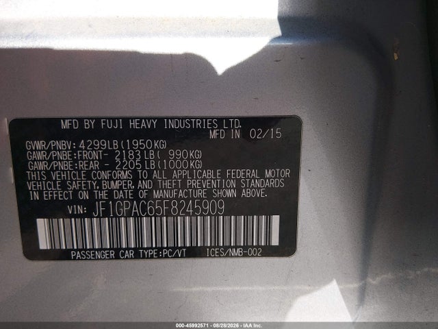 45992571 :رقم المزاد ، JF1GPAC65F8245909 vin ، 2015 Subaru Impreza 2.0i Premium مزاد بيع