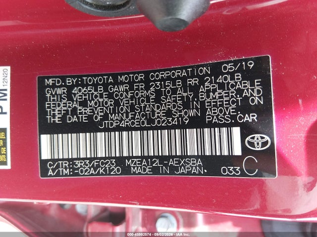 2020 Toyota Corolla Se მანქანა იყიდება აუქციონზე, vin: JTDP4RCE0LJ023419, აუქციონის ნომერი: 45992574