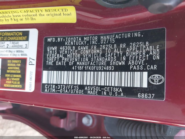 Aukcja sprzedaży 2015 Toyota Camry Se, vin: 4T1BF1FK0FU924893, numer aukcji: 45992581