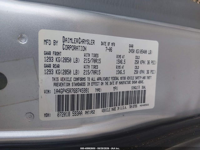 Aukcja sprzedaży 2006 Chrysler Town & Country, vin: 1A4GP45R76B745991, numer aukcji: 45992600