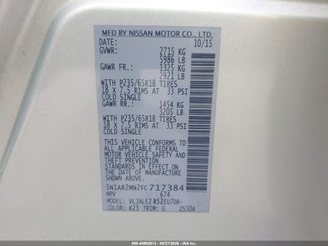 Nissan Pathfinder Sv 2015 5N1AR2MN2FC717384 Image 9