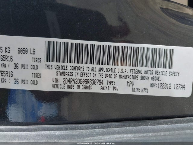2011 Dodge Grand Caravan Mainstreet მანქანა იყიდება აუქციონზე, vin: 2D4RN3DG0BR638794, აუქციონის ნომერი: 45992620