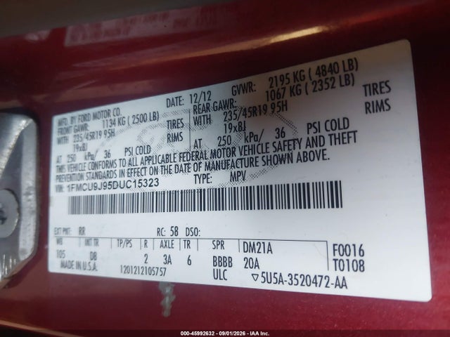 2013 Ford Escape Titanium მანქანა იყიდება აუქციონზე, vin: 1FMCU9J95DUC15323, აუქციონის ნომერი: 45992632