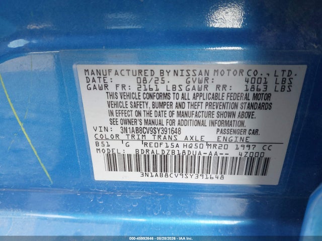 3N1AB8CV9SY391648 Nissan SENTRA SV